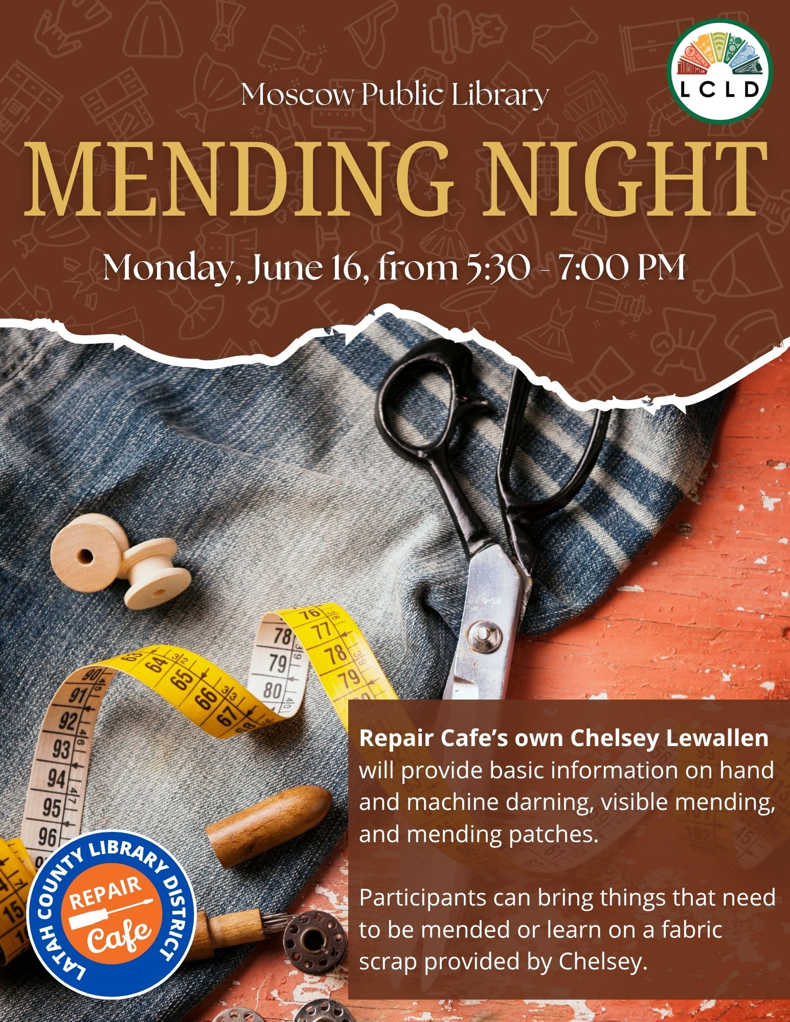 Mending Night at the Moscow Public Library Monday, June 16, from 5:30 to 7 PM