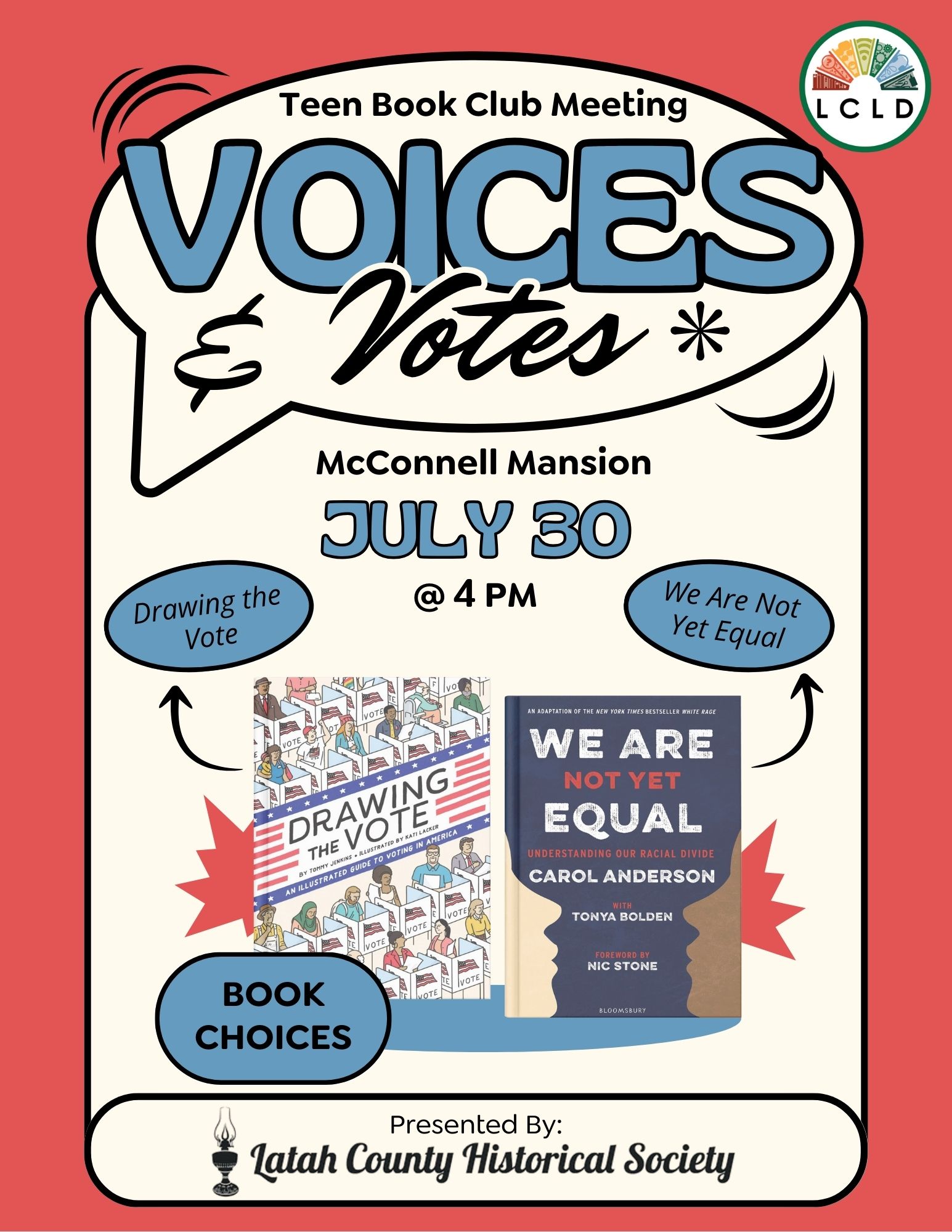 7.30 Voices & Votes Teen Book Club Meeting Flyer