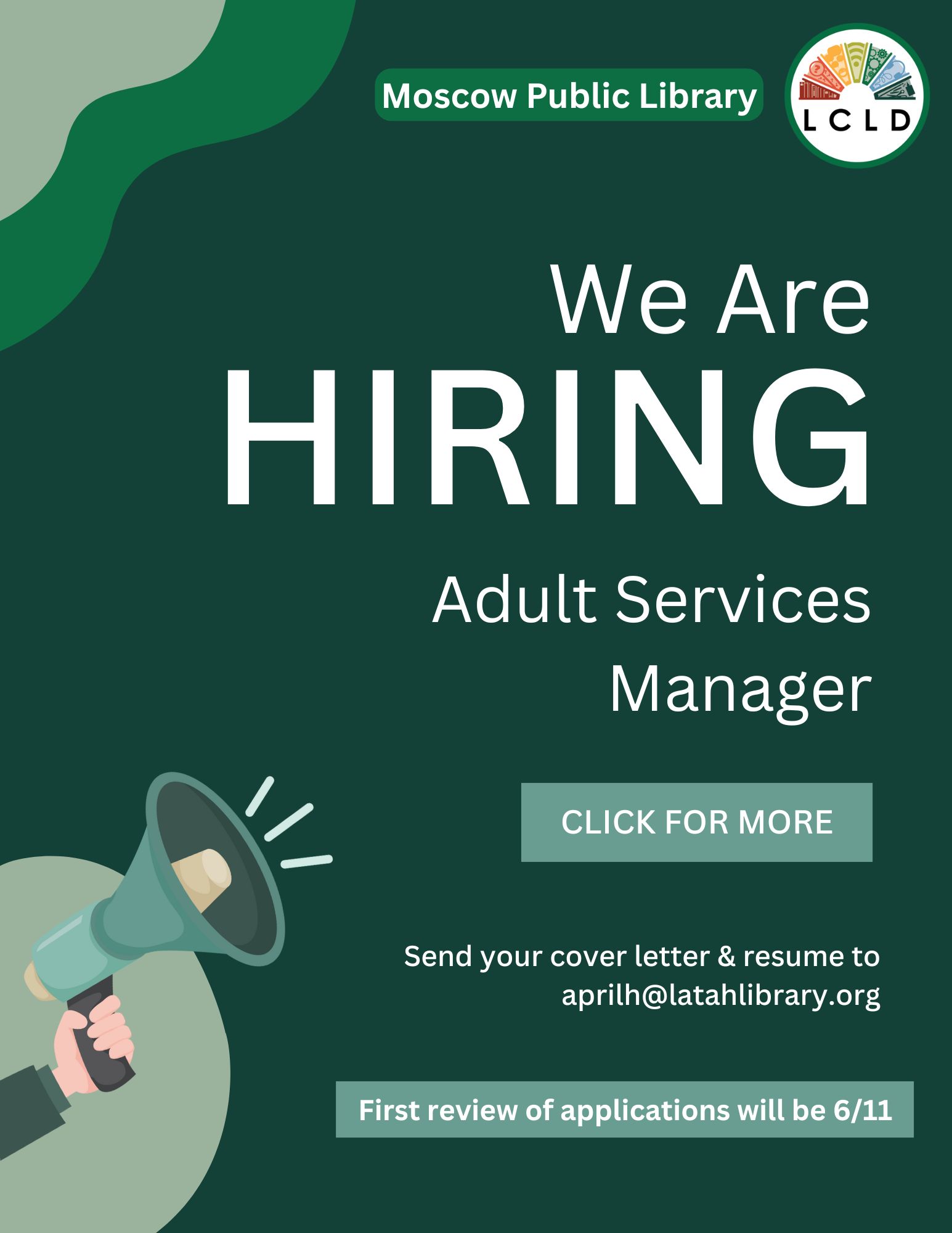 Now Hiring Adult Services Manager Flyer