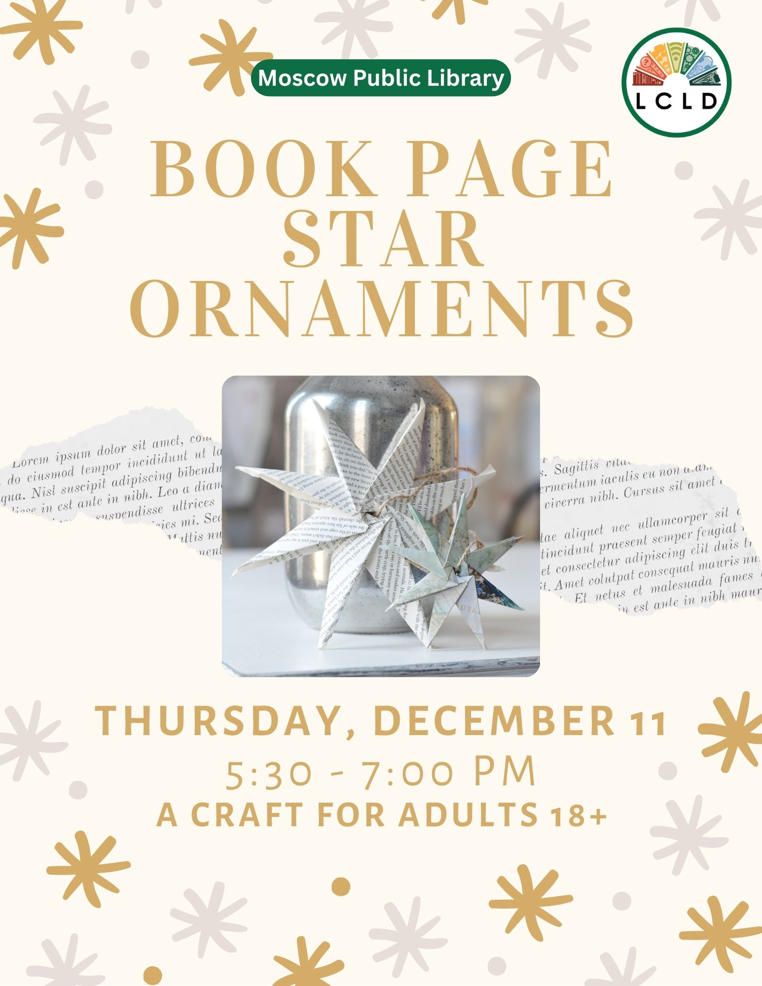 Book Page Star Ornaments at the Moscow Public Library on Thursday, December 11, from five thirty to seven PM for Adults