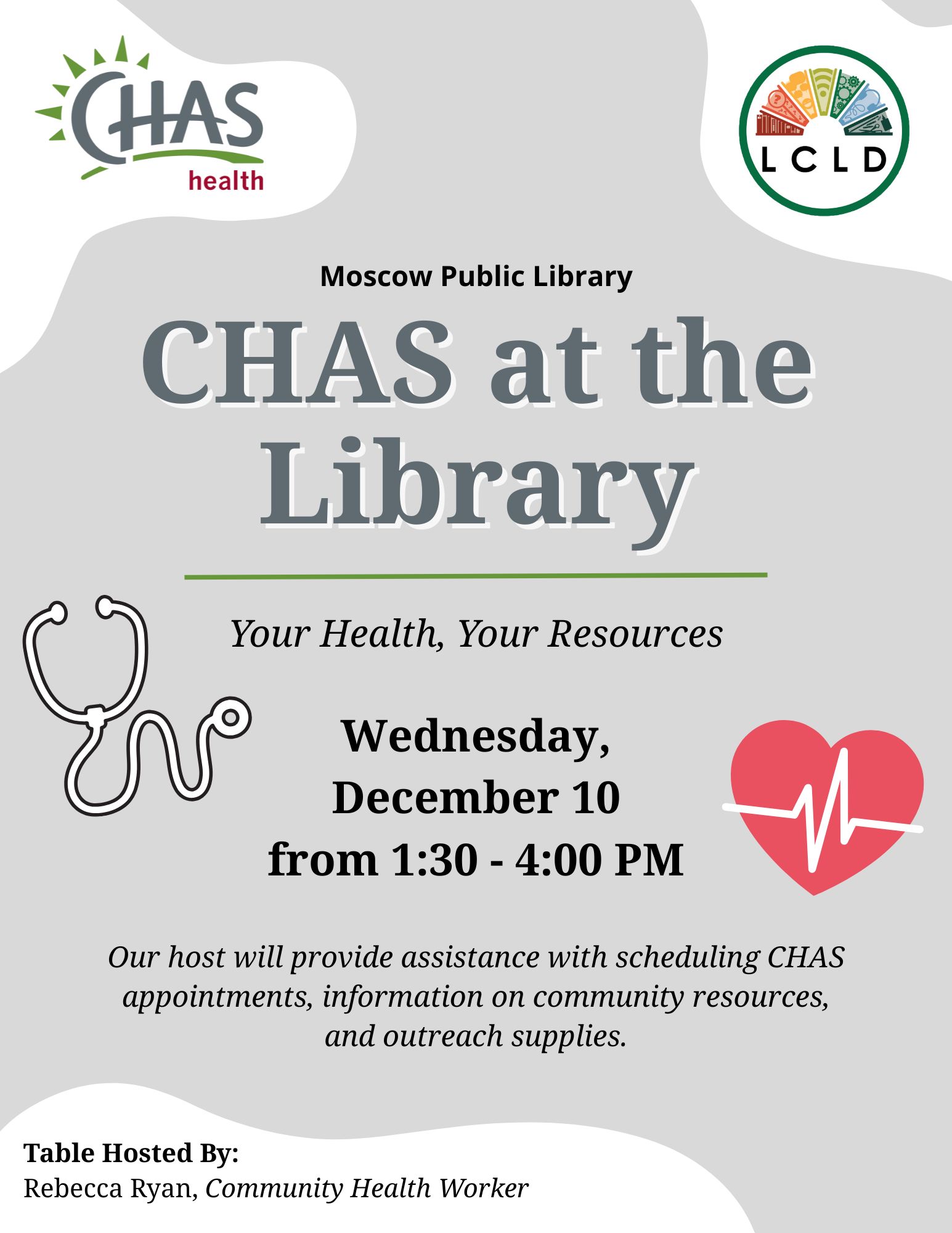 CHAS at the Library Dec 10 from one thirty to four PM