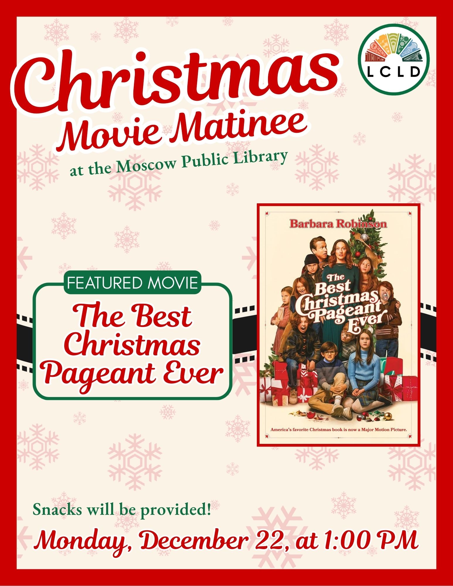 Christmas Movie Matinee at the Moscow Public Library Monday December 22 at one PM