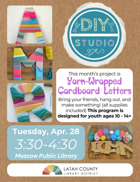 DIY Studio for youth ages 10 to 14 on 4th tuesdays at 3:30 PM at the Moscow Public Library