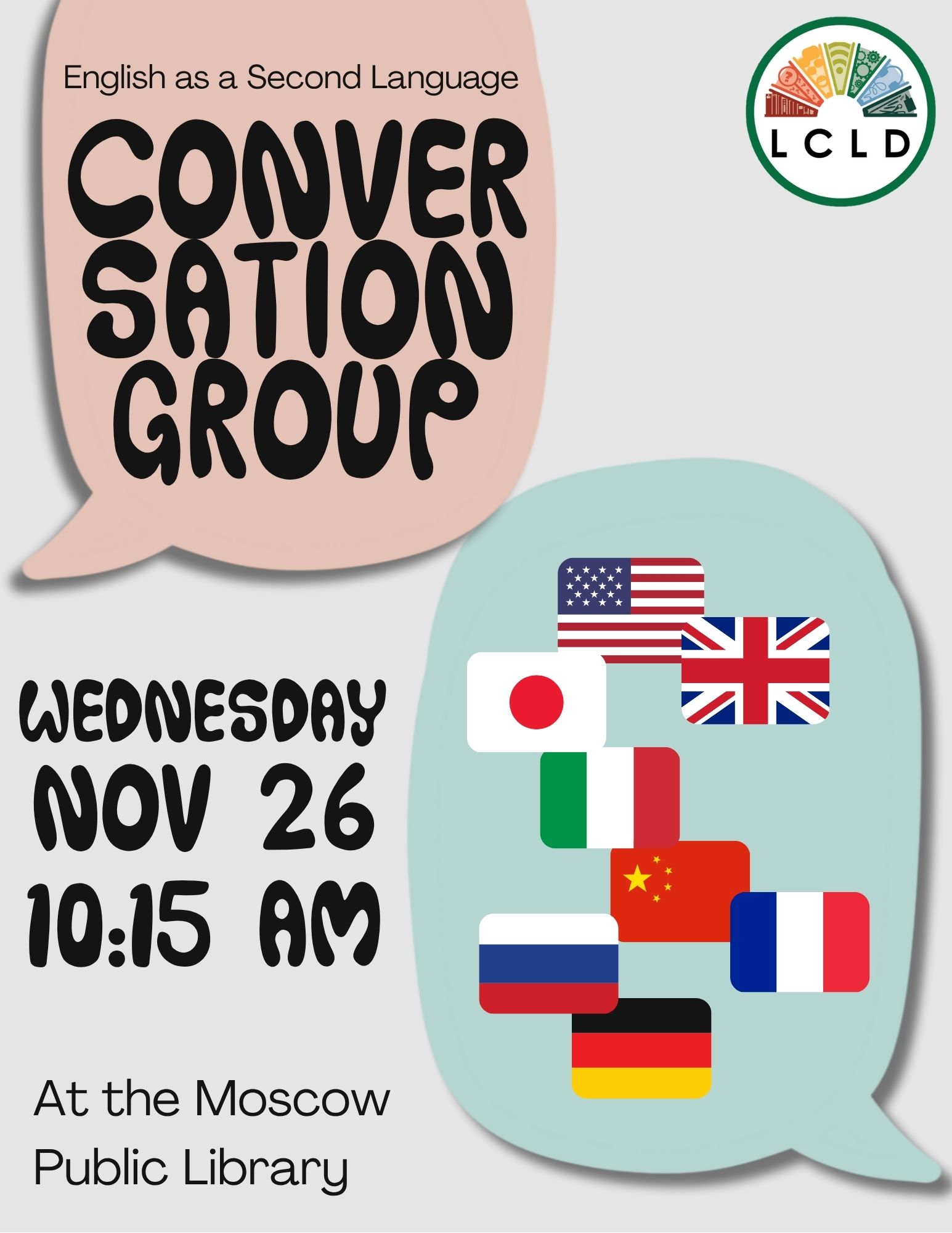 ESL Conversation Night Wednesday, November 26, at ten fifteen AM
