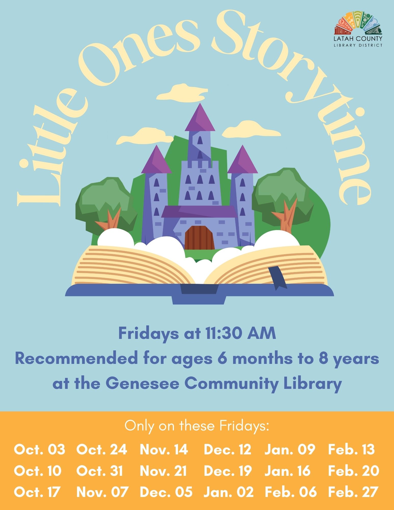Genesee Storytime on specific fridays at eleven thirty for ages six months to eight years