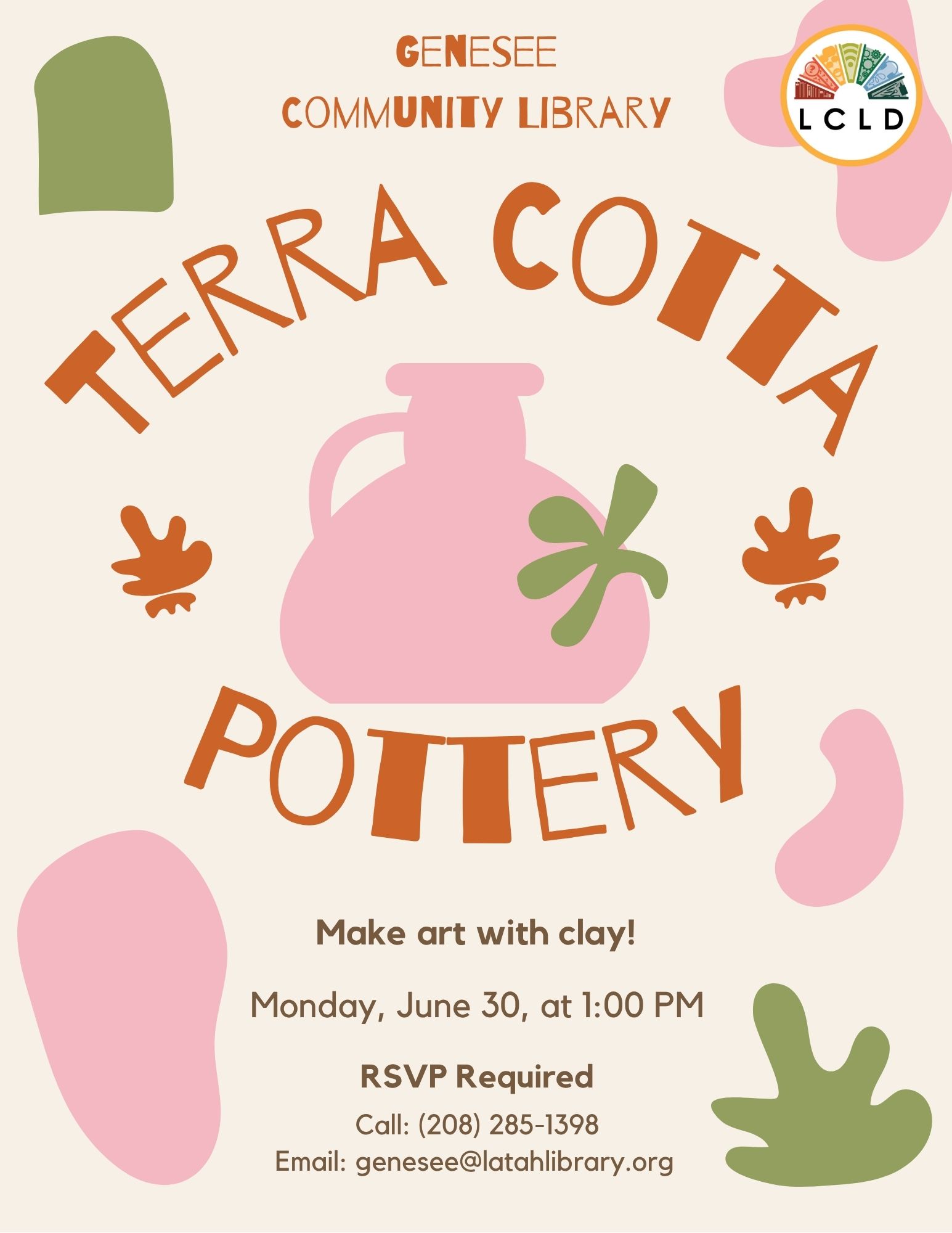 Genesee Terra Cotta Pottery Monday June 30 at 1 PM. RSVP Required Call the genesee library to register