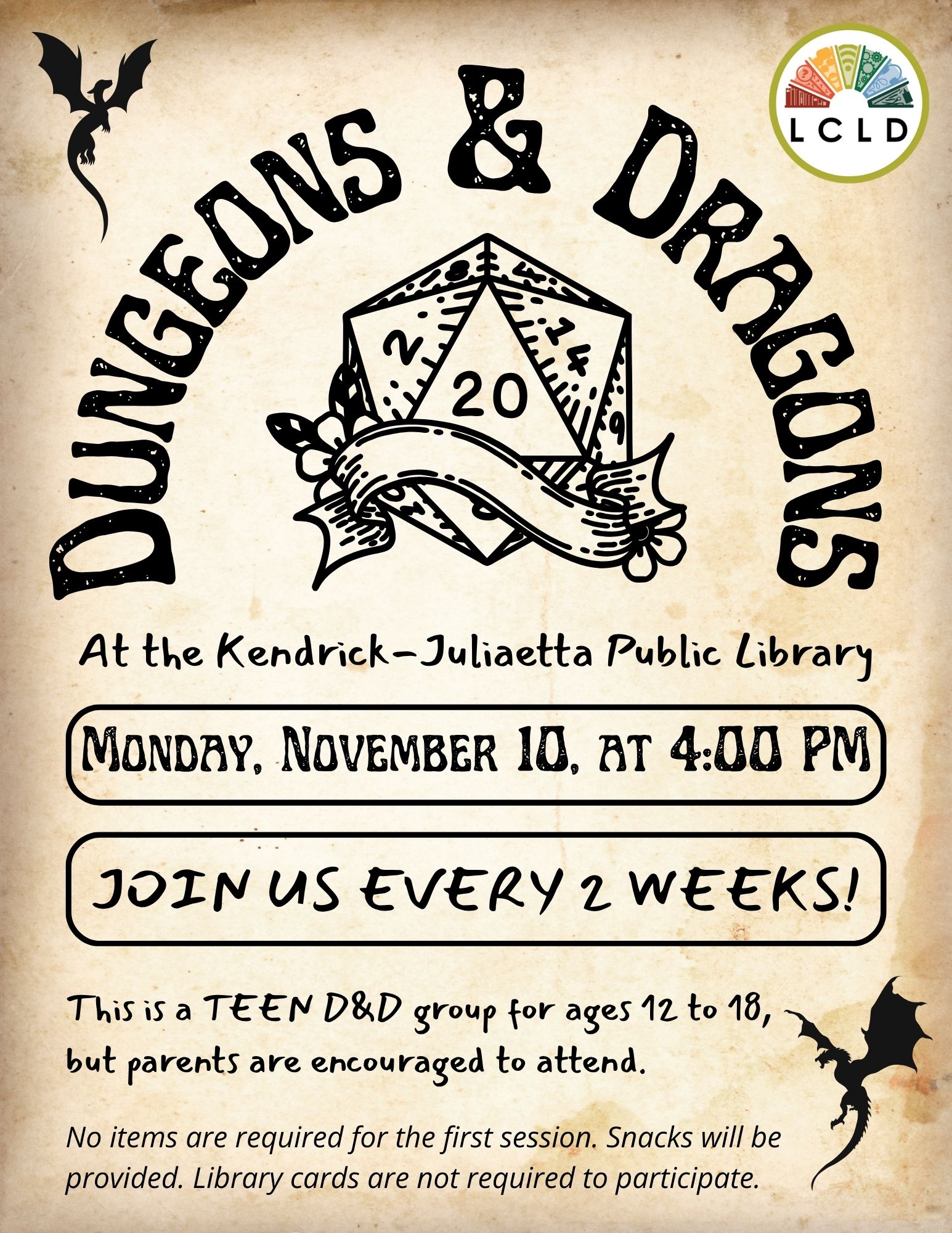 Kendrick Teen D and D Session 1 Monday November 10 at 4 PM meets every 2 weeks