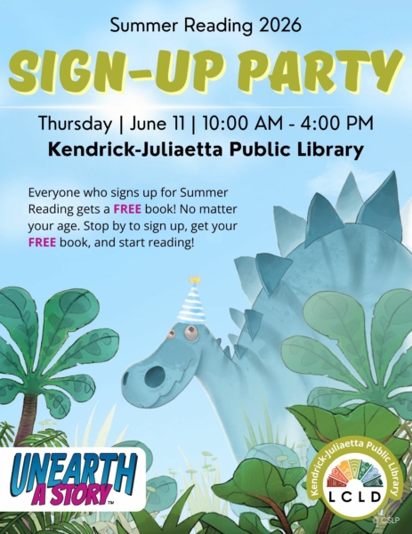 Summer Reading Sign Up Party in Kendrick on Thursday June 11 from 10 am to 4 pm