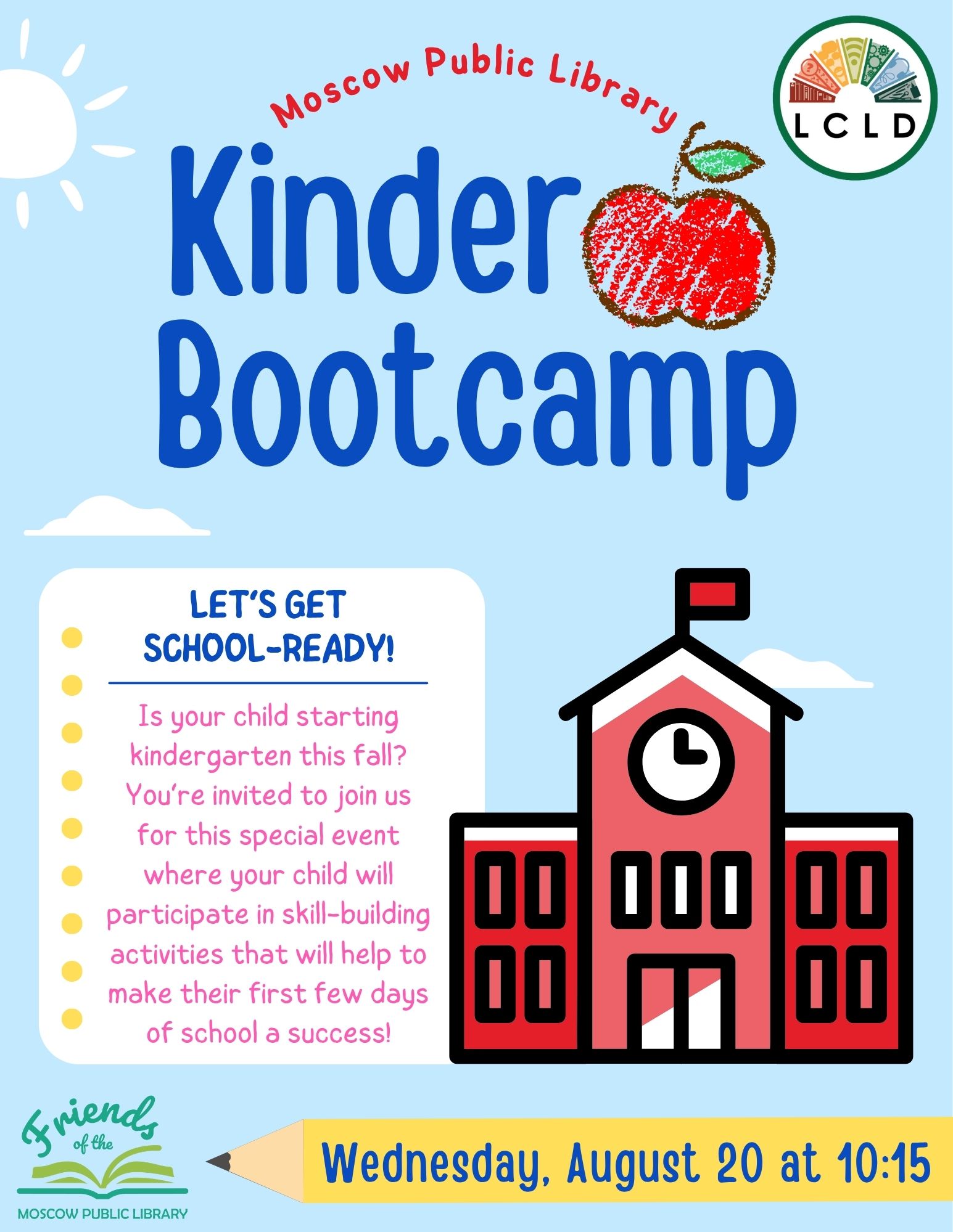 Kinder Bootcamp at the Moscow Public Library Wednesday August 20 at 10:15