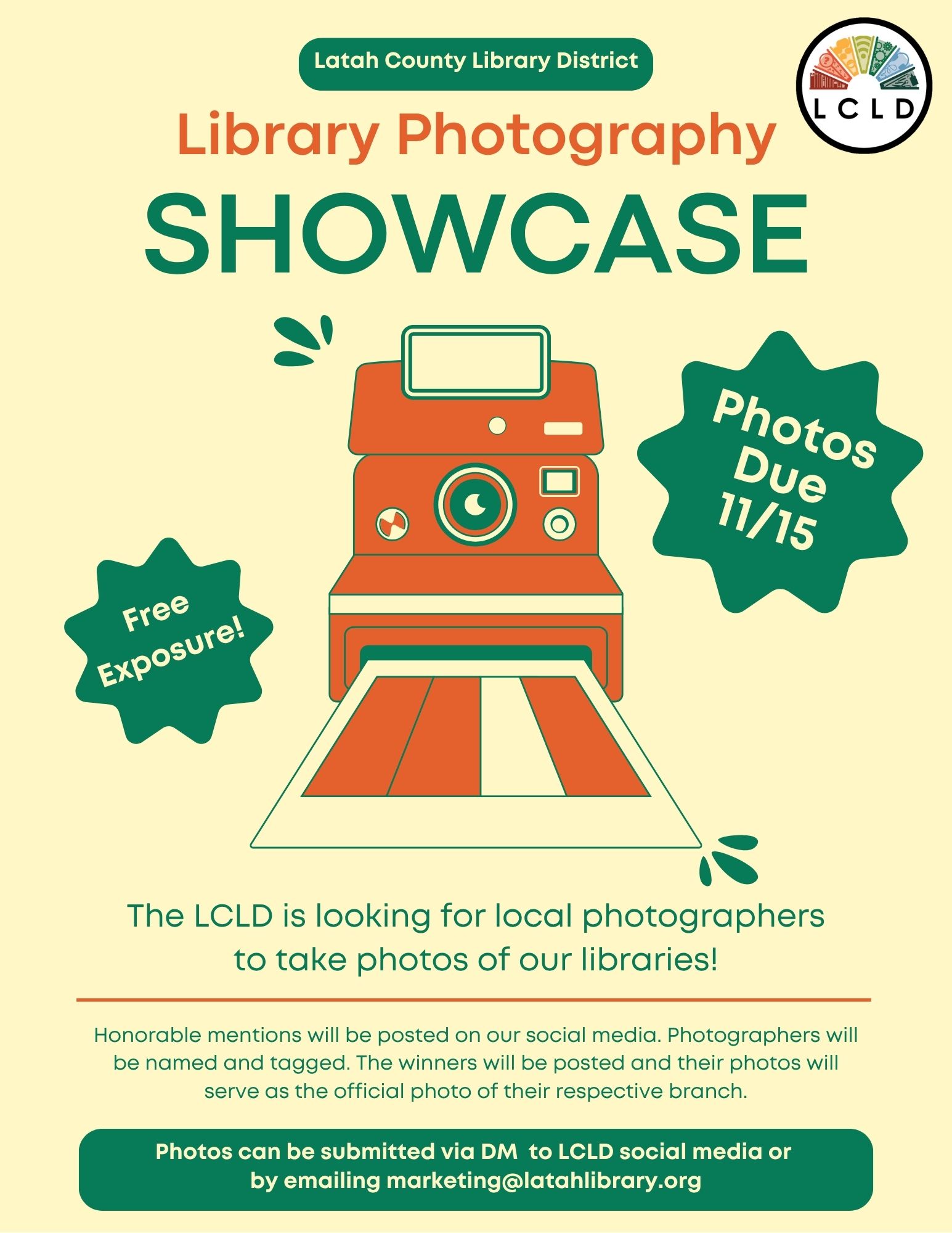 The LCLD is looking for local photographers to take photos of our libraries Photos are due November 15 photos can be submitted to marketing@latahlibrary.org