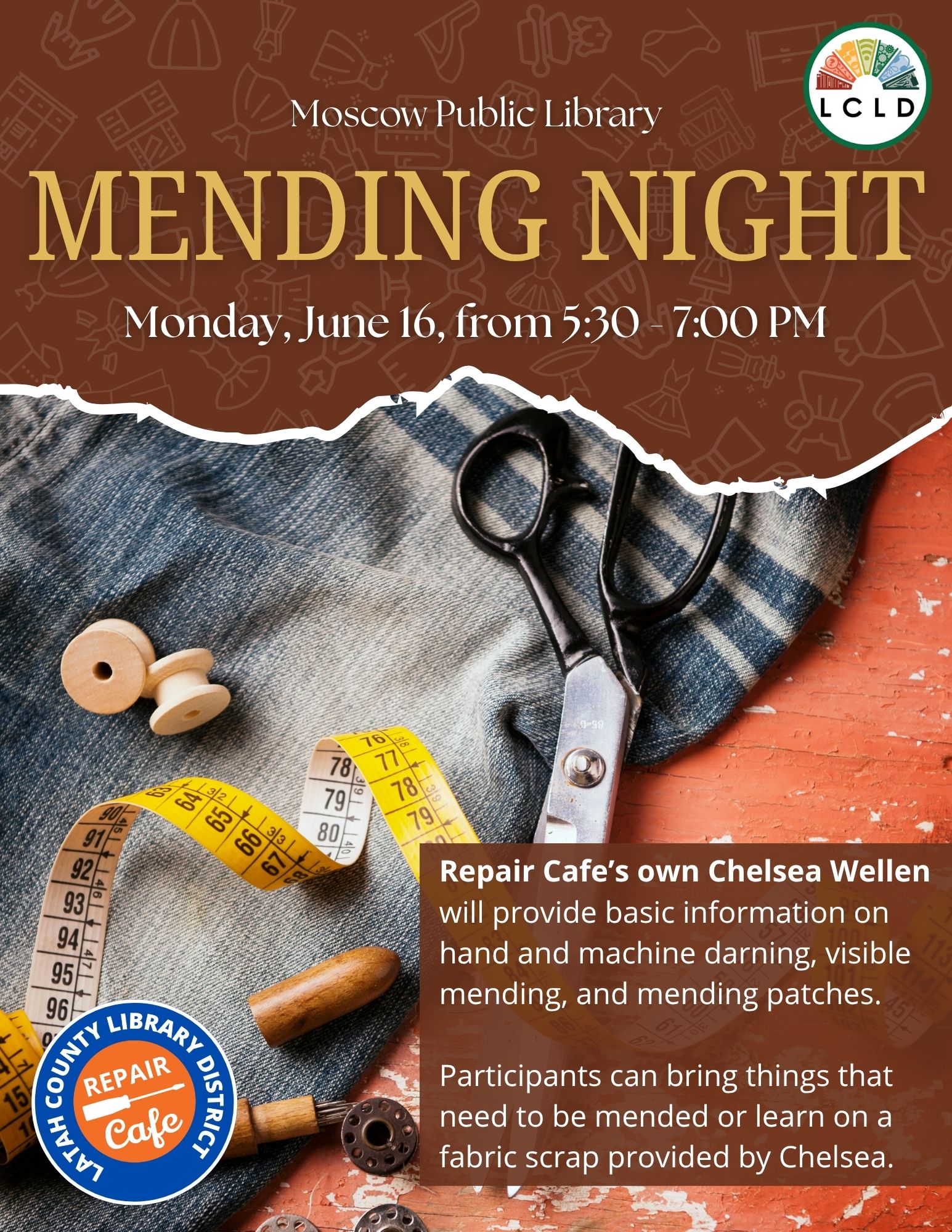 Mending Night at the Moscow Public Library Monday, June 16, from 5:30 to 7 PM