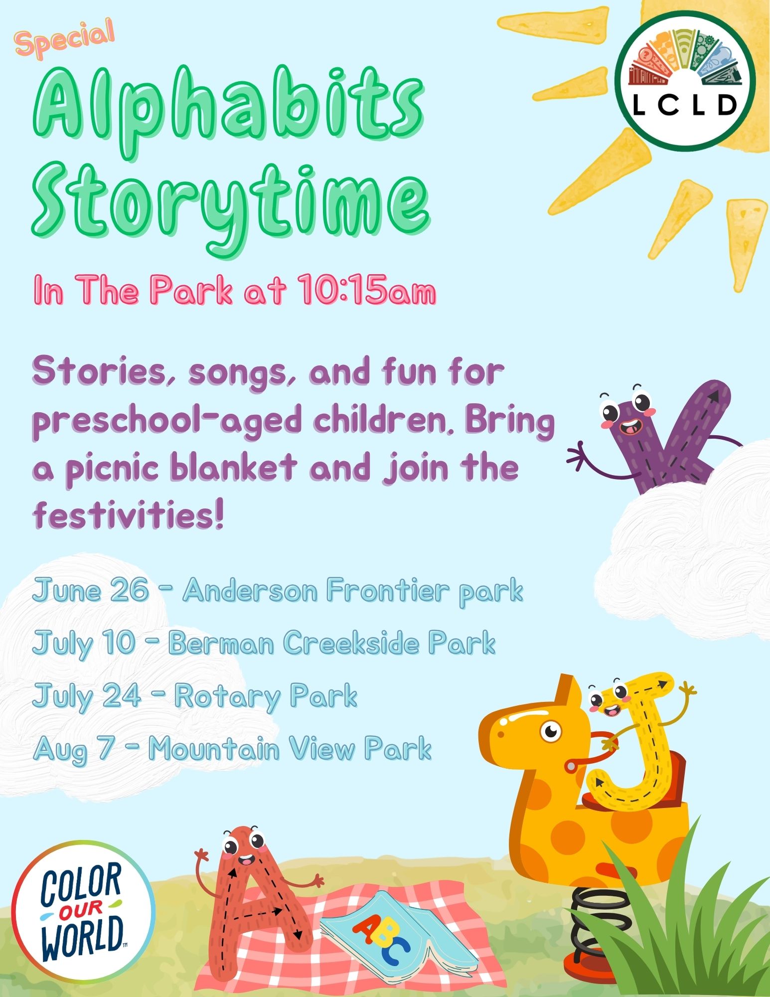 Moscow Alphabits in the Park at 10:15 on June 26 at Anderson Frontier Park