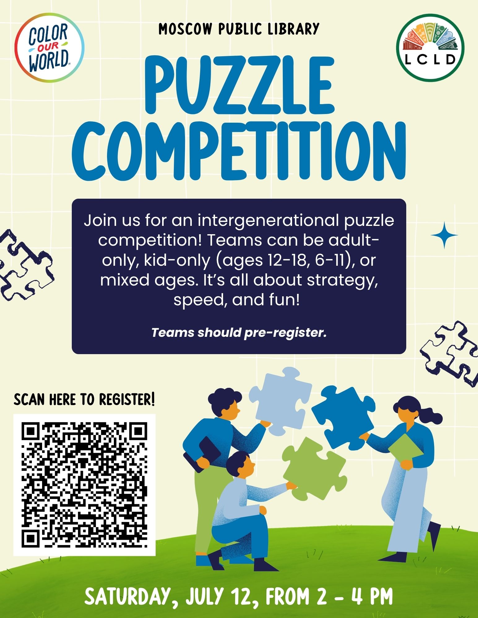 Puzzle Competition at the Moscow Public Library Saturday, July 12, from 2 - 4 PM this image contains a link to register