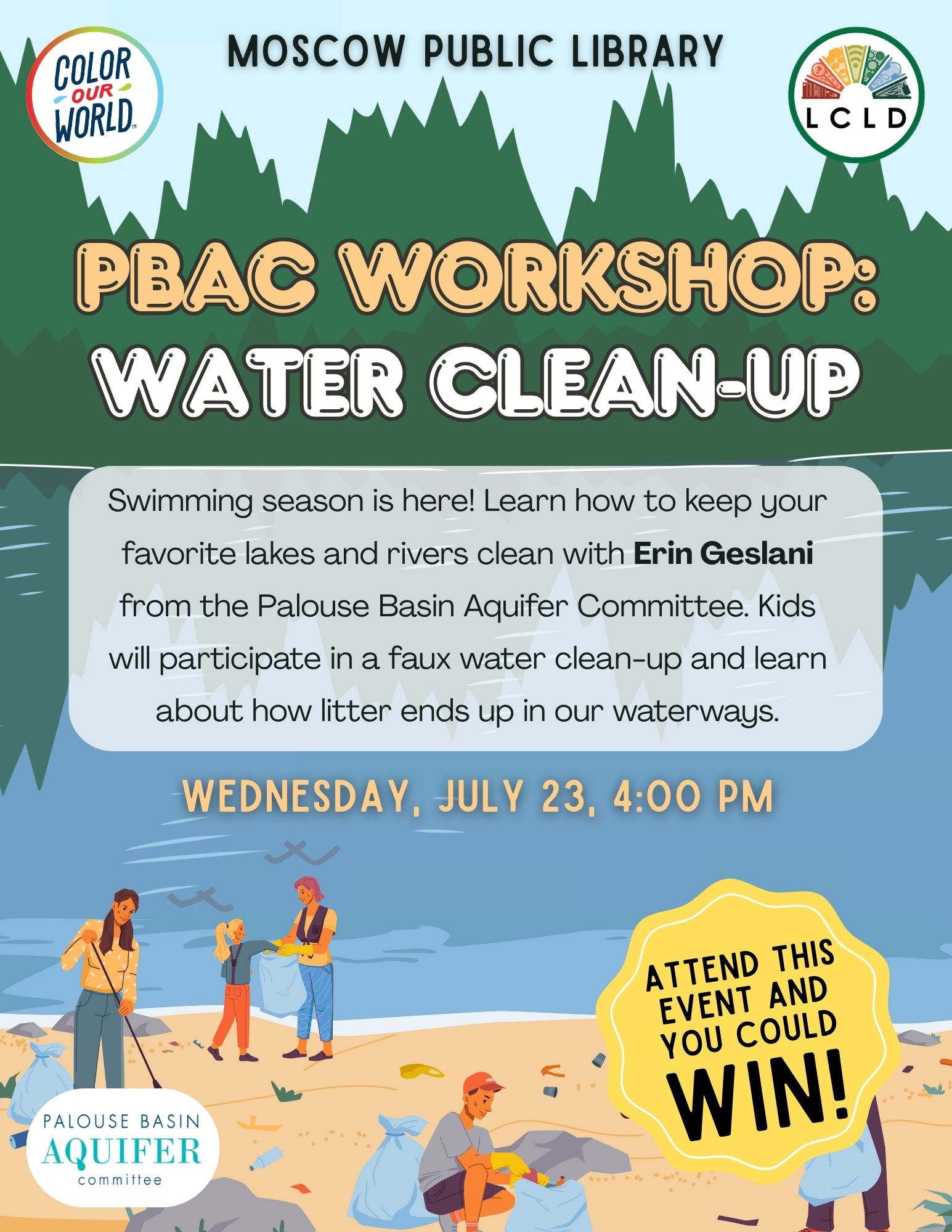 PBAC Water Clean-Up workshop at the Moscow Public Library Wednesday July 23 at 4 PM