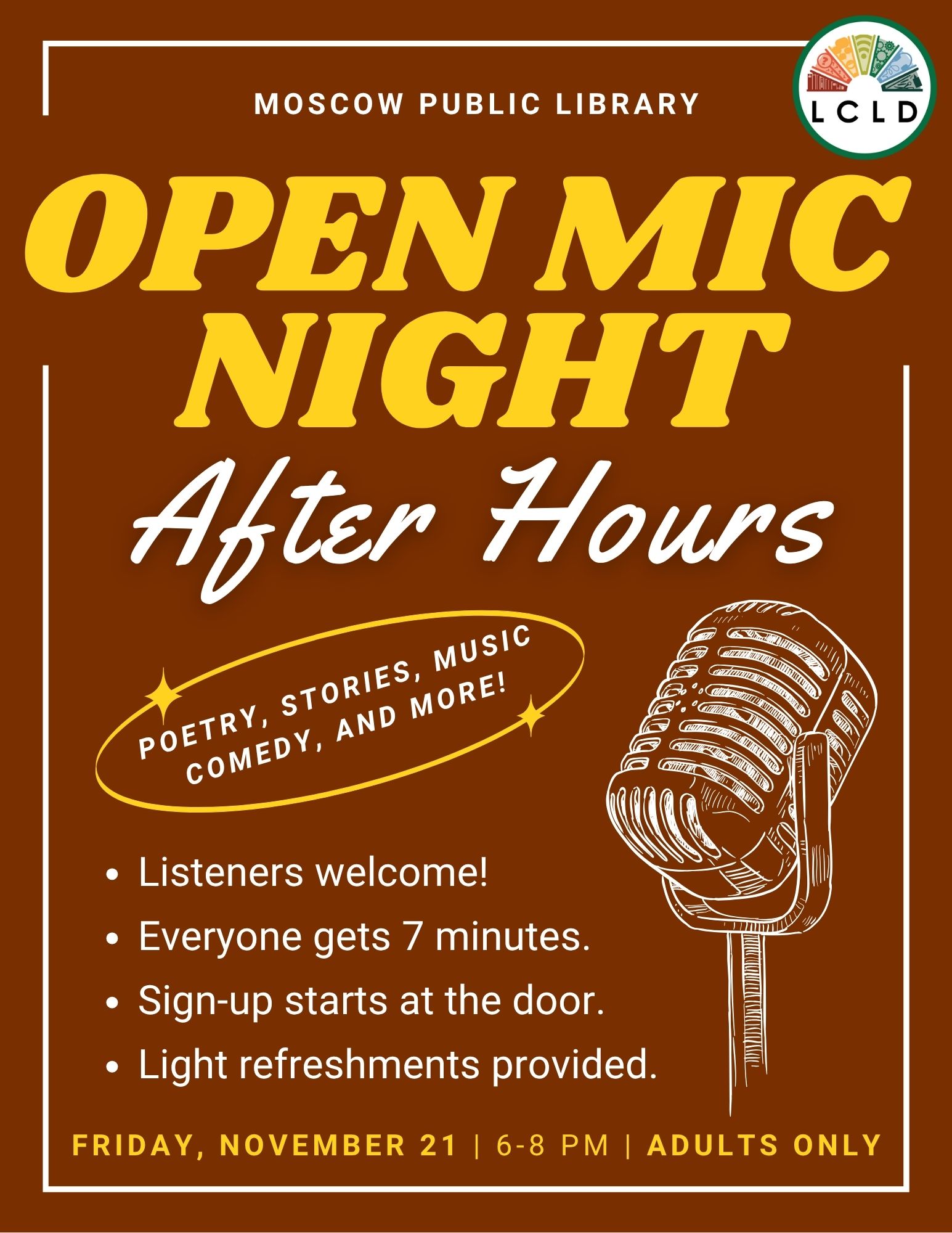 Open Mic Night November 21 from 6 to 8 PM adults only