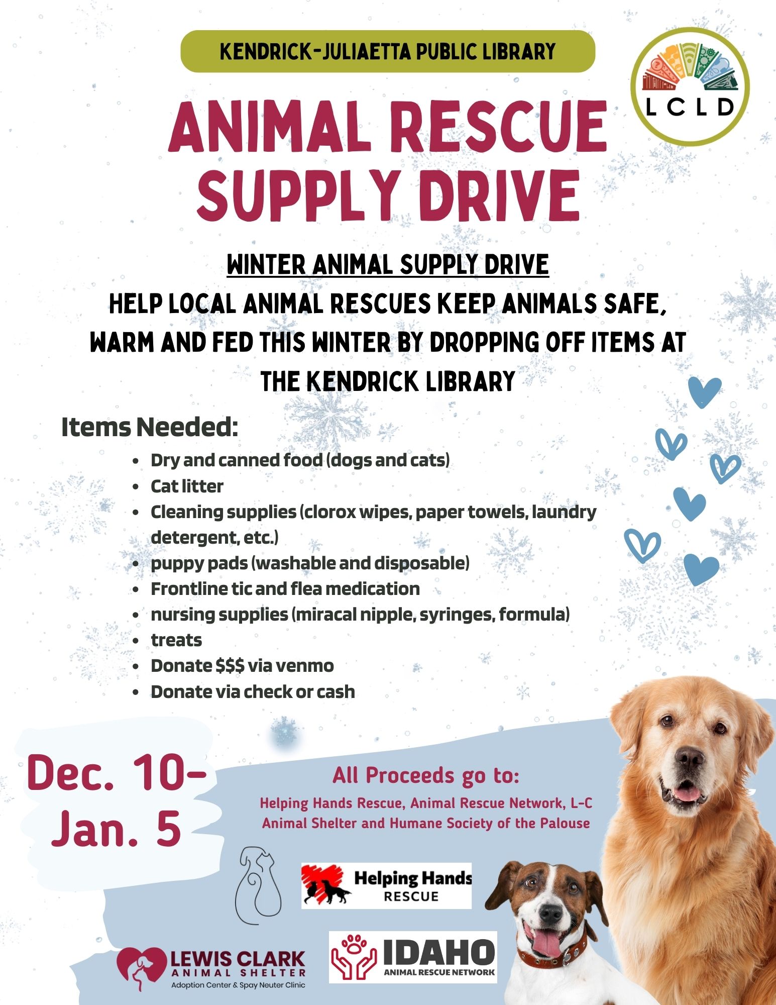 Kendrick Juliaetta Public Library Animal Rescue Supply Drive December 10 through January 5