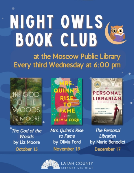 Night Owls Book Club October 15, November 19, and December 17 at 6:00 PM