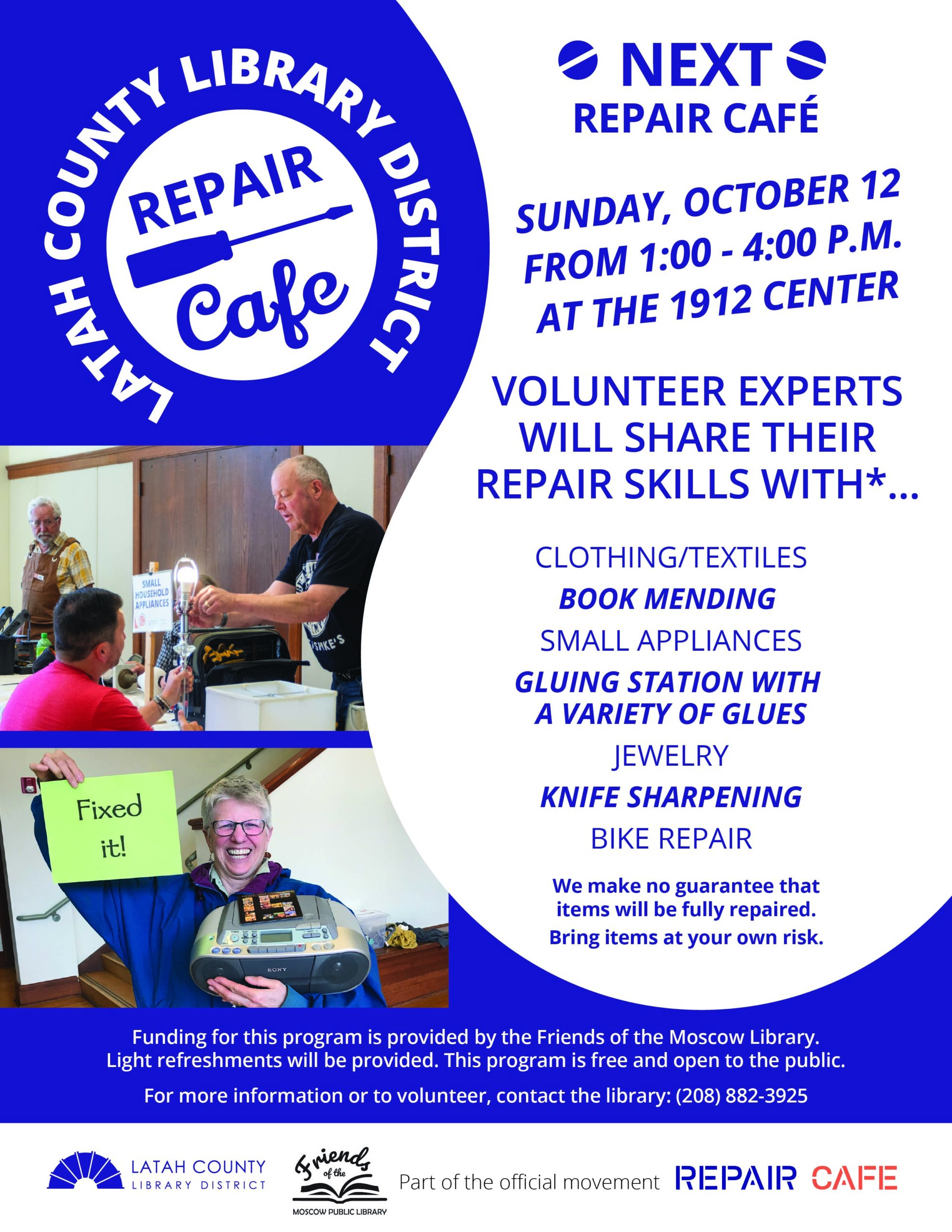 Repair Cafe at the 1912 Center Sunday, October 12 from 1 PM to 4 PM