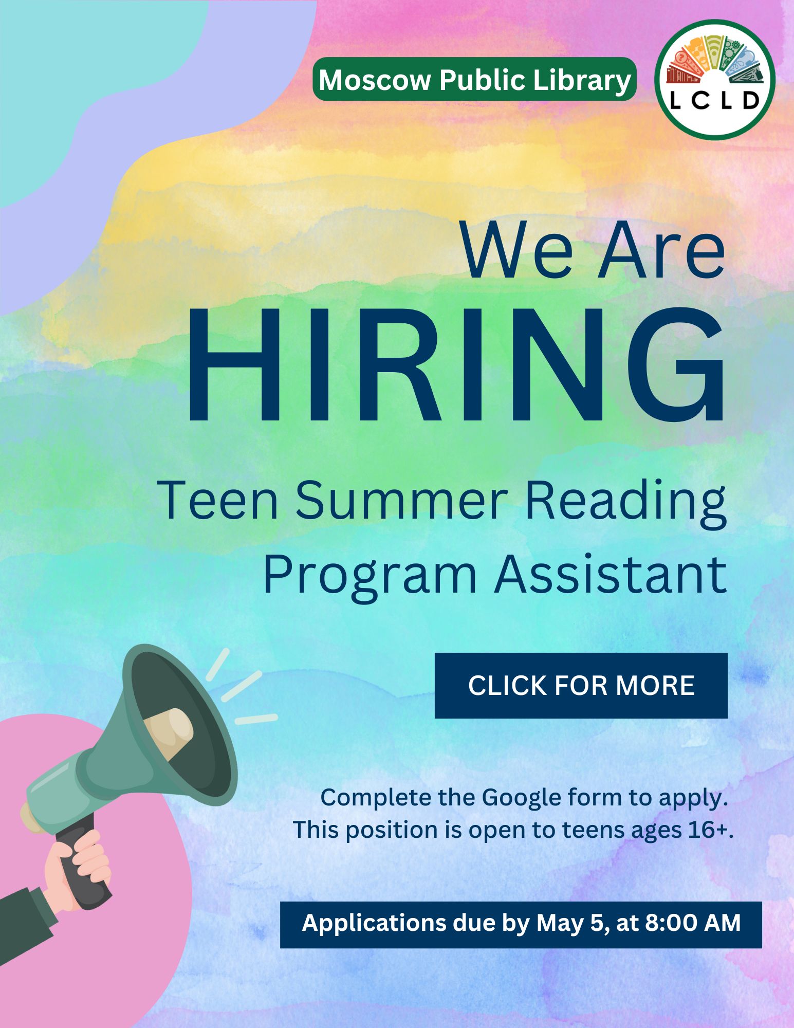 Moscow Now Hiring Teen Summer Reading Program Assistant Click for more details Applications due by May 5 at 8 AM