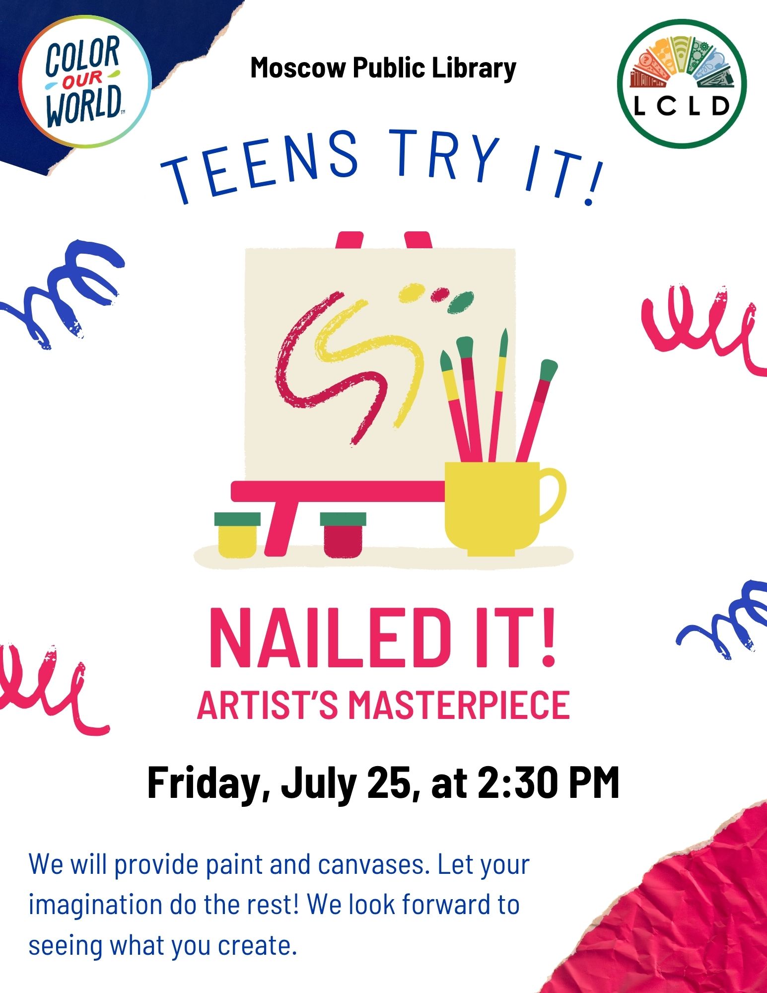 Teens Try It! Artists Masterpiece at the Moscow Public Library Friday July 25 at 2:30 PM