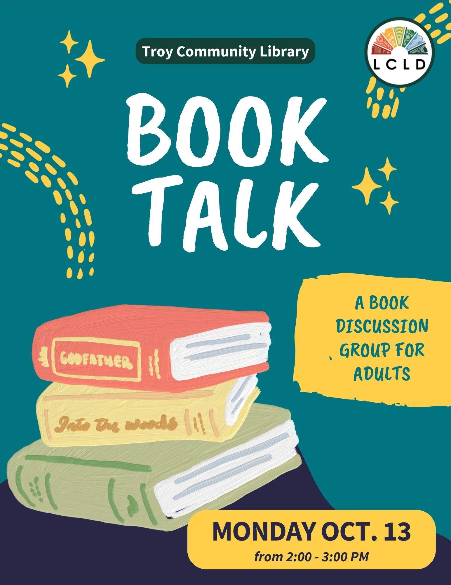 Troy Book Talk for Adults Monday October 13 from 2 to 3 PM