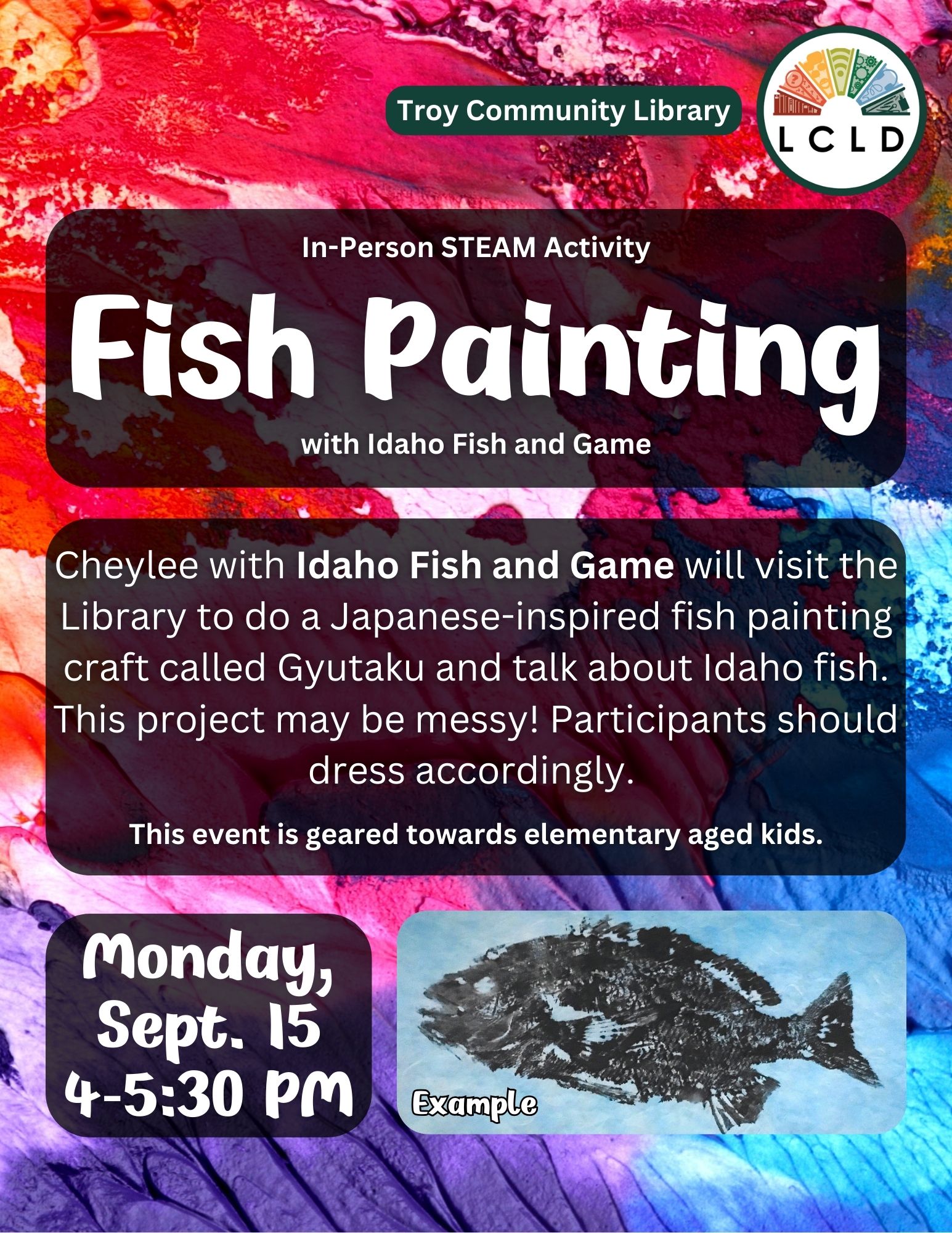 Troy STEAM Fish Painting on Monday September 15 from 4 PM to 5:30 PM