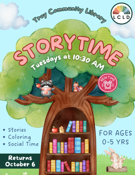 Troy Storytime Tuesdays at 10:30 AM Returns October 6