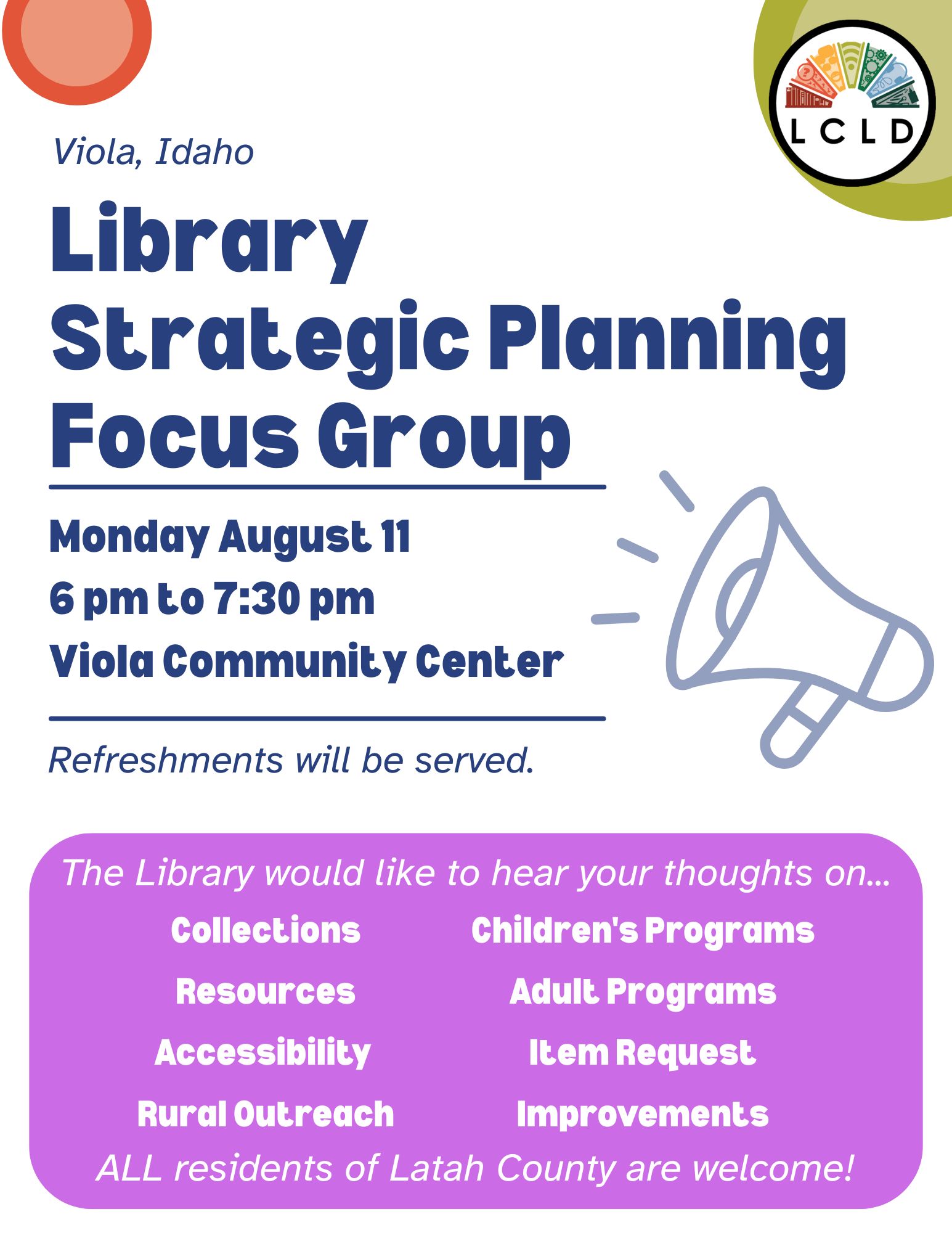 Viola Strategic Planning Focus Group Monday August 11 6 PM at the Viola Community Center