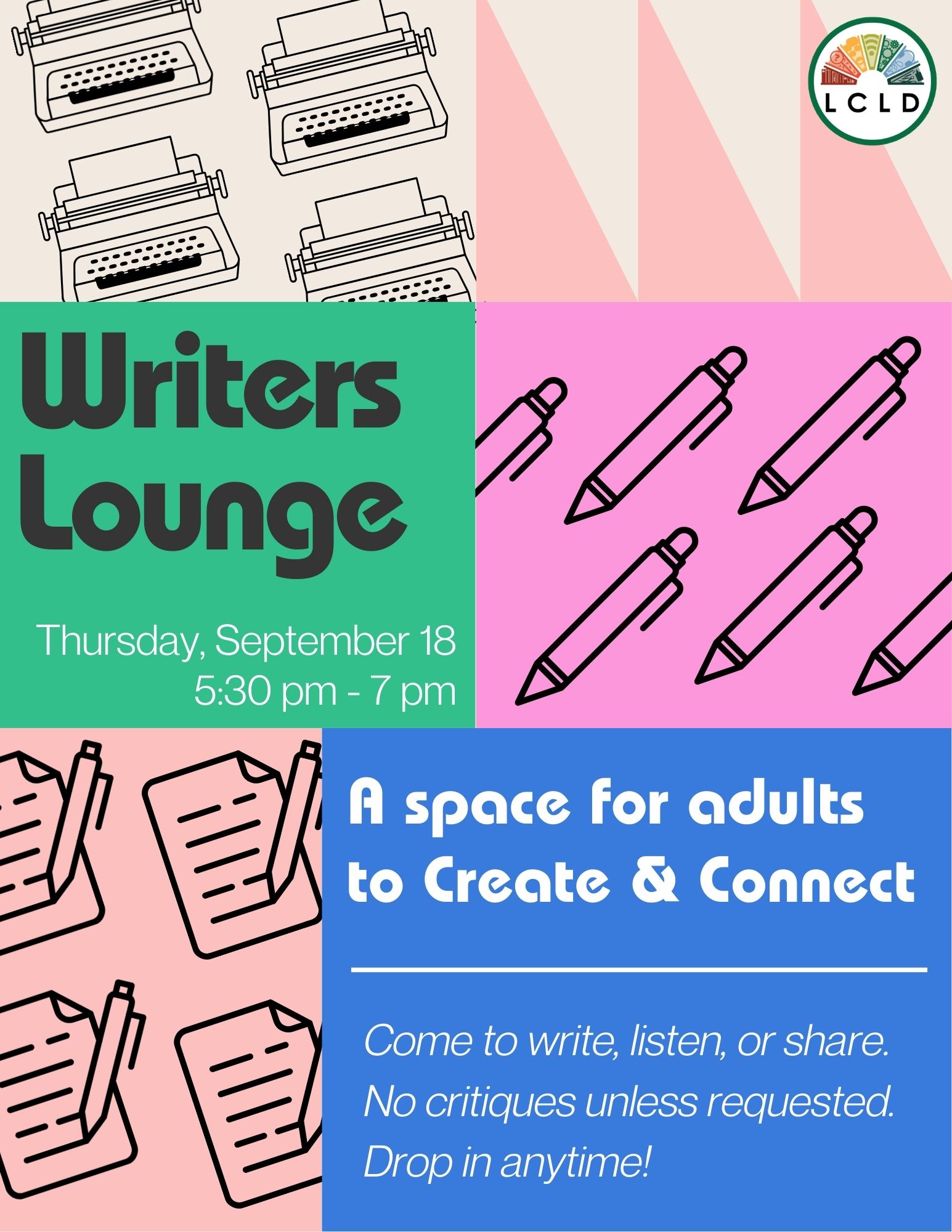 Writers Lounge on Thursday September 18 from 5:30 to 7 PM