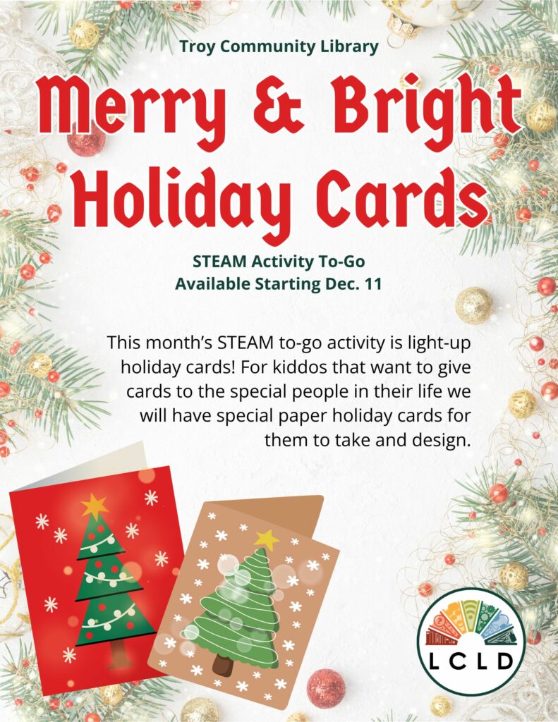 light up holiday cards activity to go available December 11 at Troy Library