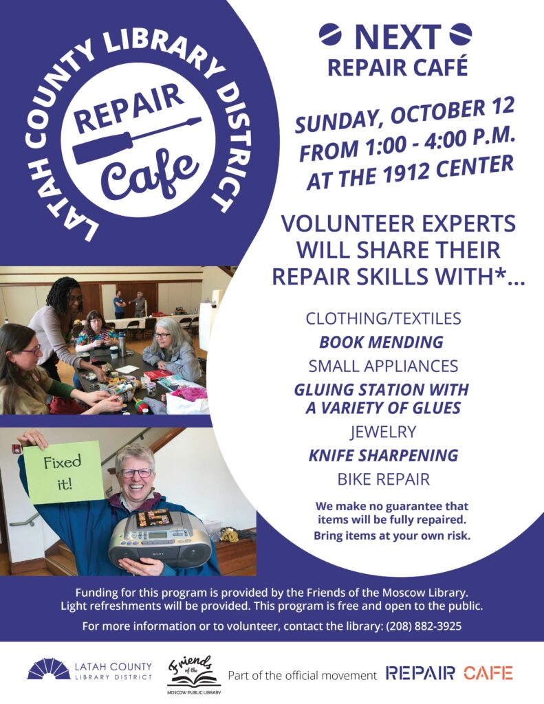 Repair Cafe at the 1912 center on Sunday, October 12 from 1 to 4 PM
