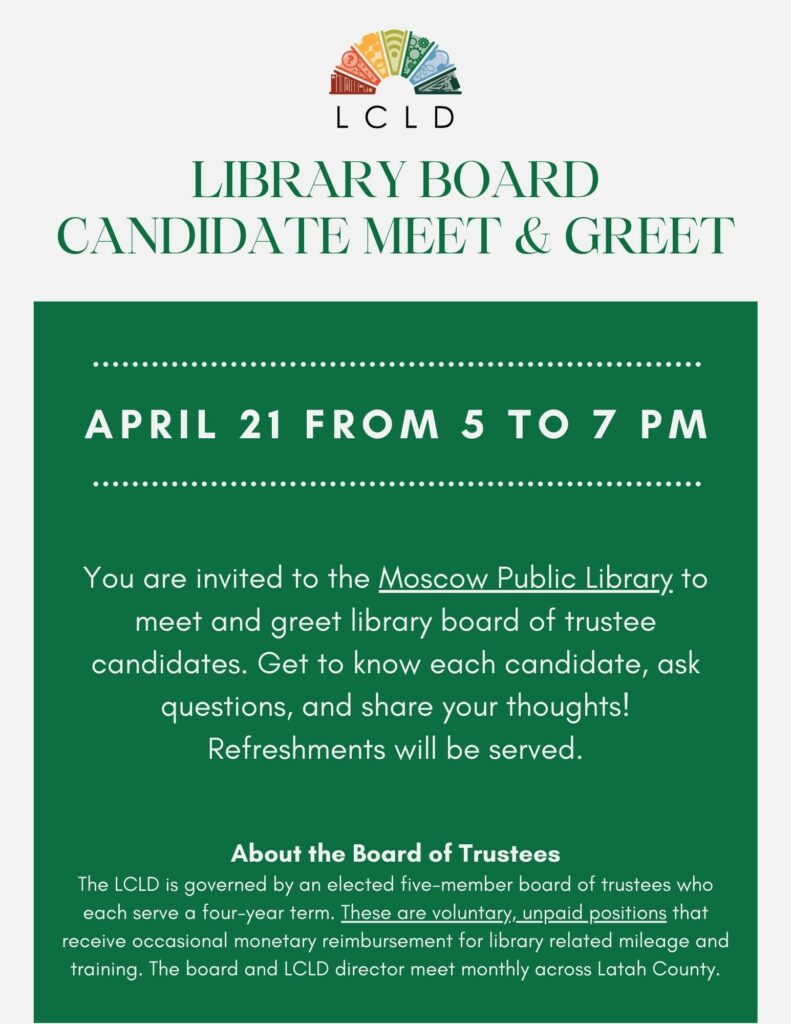 Library board candidate meet and greet flyer